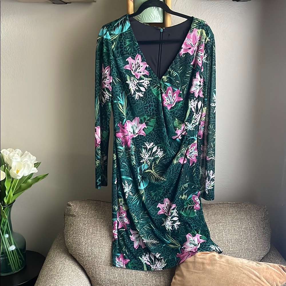 Guess Green Pink Floral Long Sleeve Wrap Dress